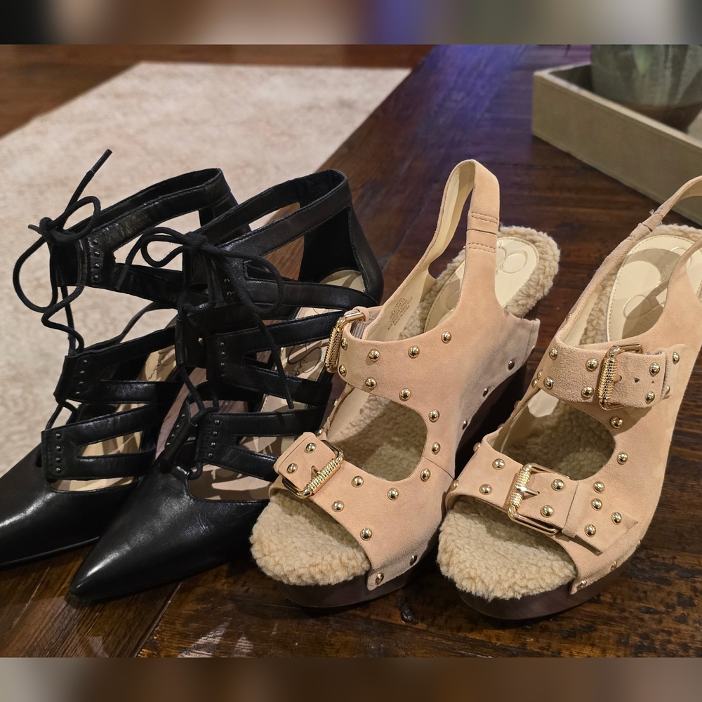 Set Of 2 Jessica Simpson Elegant Black Lace-Up Heels and Faux Wool Wedges Size 8